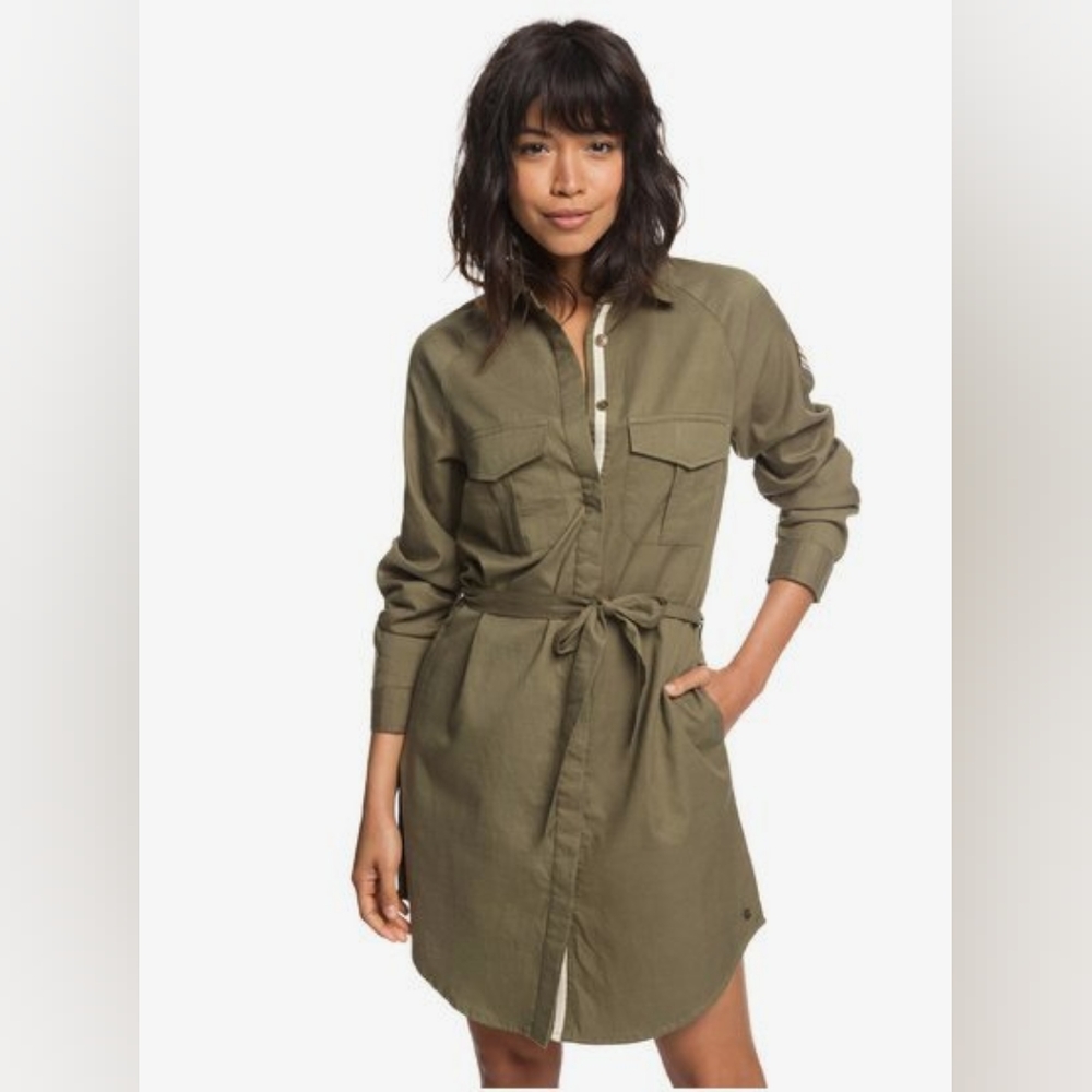 ♥︎ ROXY ♥︎ KHAKI SPHERE Longsleeve Shirt Dress Burnt Olive Mountain & Wa… - Picture 2 of 14